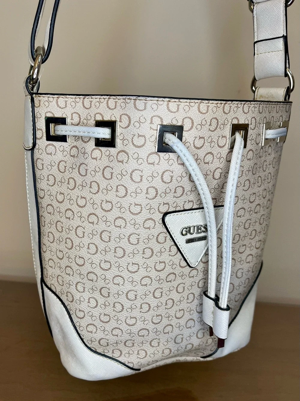 Guess Small Crossbody Bucket Bag, Monogram, Signature, Ivory, Coated, Adjustable